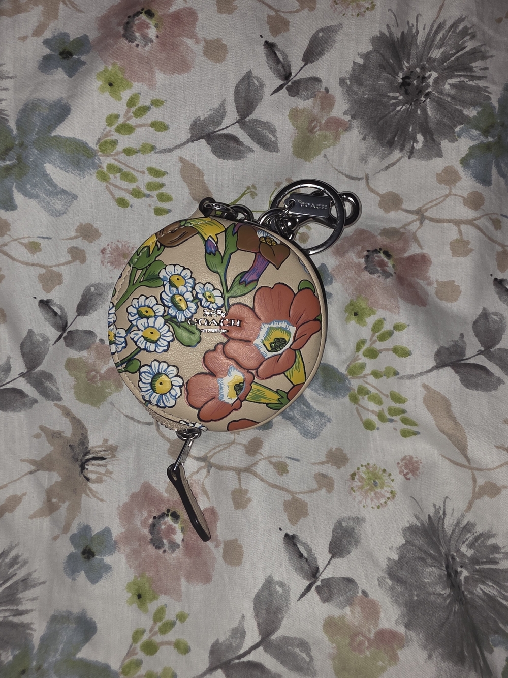 Coach Floral Round Coin Case Keychain - Pink Multi